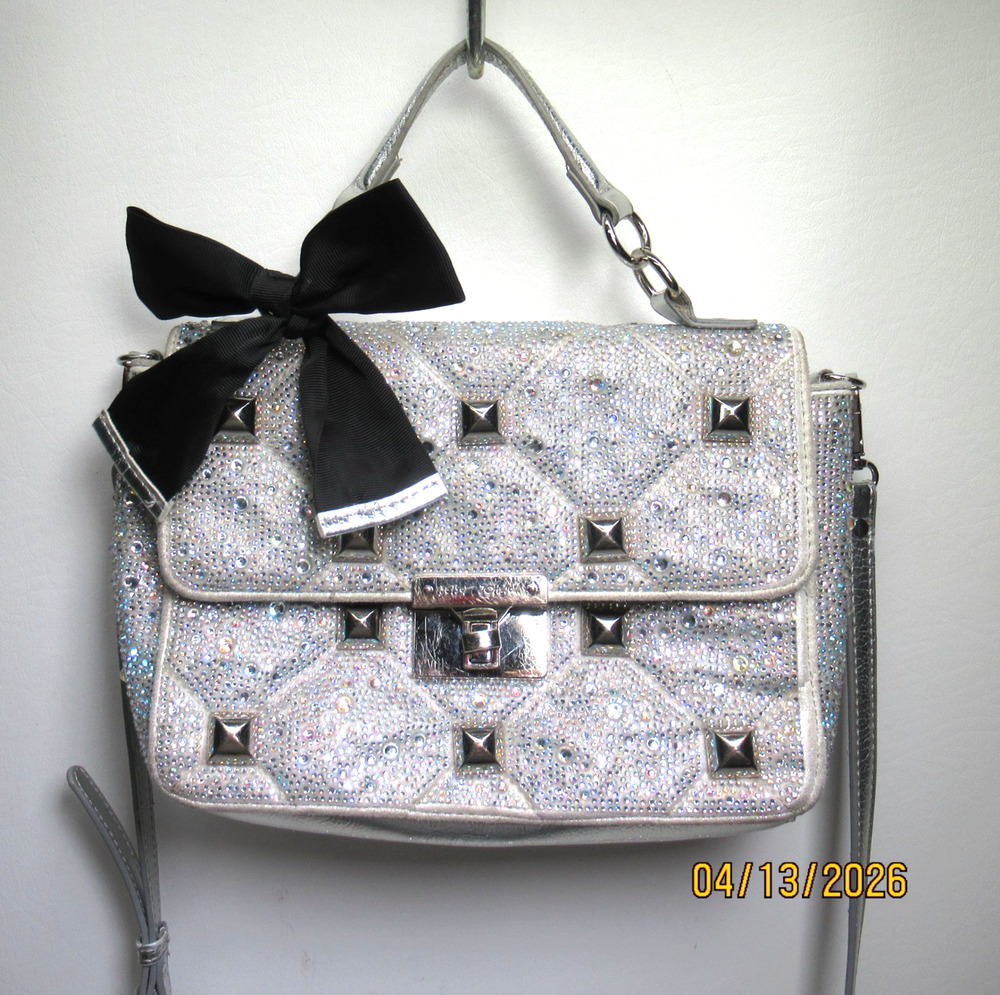 Betsey Johnson Studs & Stones Handbag S Silver Crystal Rhinestone Crossbody Bag